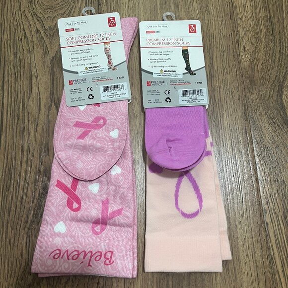 Lot of 2 Breast Cancer Pink Ribbon Awareness Compression Socks - Picture 2 of 2